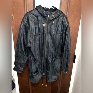 Vintage The Limited Black Hooded Leather Coat Size Large 100% Leather